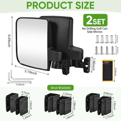 Heavy Duty Golf Cart Rearview Mirror No Drill Required Folding Adjustable 180 Degrees dimensions with side mirrors and brackets