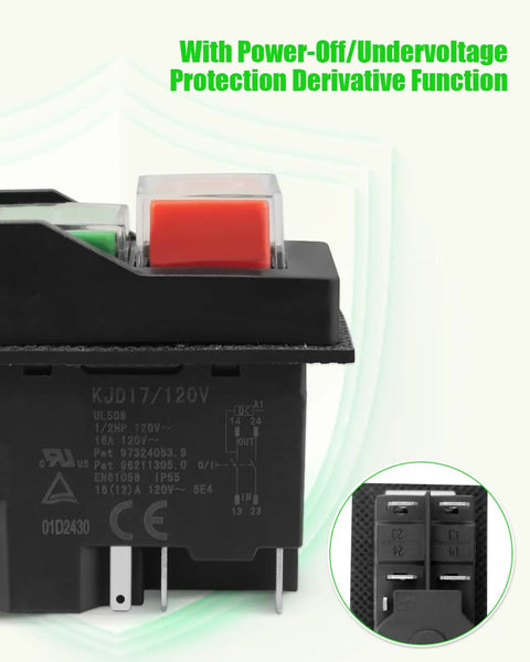 Pushbutton Electromagnetic Switch for Garden Tools and Beefy Heavy Duty Machines, 120V 5PIN Safety Start Switch with Red Button
