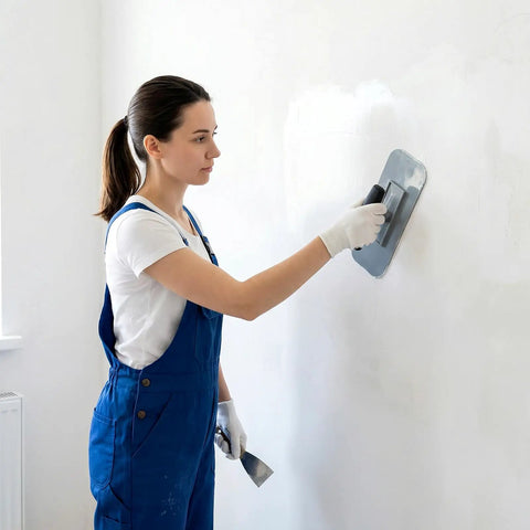 Woman using 4 Pack Plastic Trowels With Handy Grip Handles For Quick Smoothing Of Spackle And Joint Compound On Walls And Corners