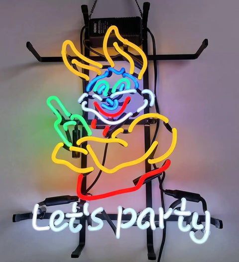 Lit Neon Bar Sign For Wall Decor And Vibe Lighting Real Glass Handmade Neon with warm glow featuring colorful "Let's party" design.