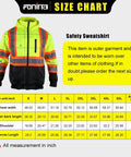 Size chart for Hi Vis Safety Fleece Zip Hoodie for Men With Reflective Trim ANSI Class 3 Workwear Detachable Hood Yellow XL