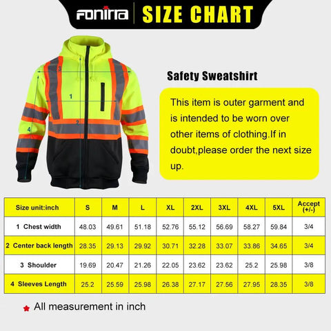 Size chart for Hi Vis Safety Fleece Zip Hoodie for Men With Reflective Trim ANSI Class 3 Workwear Detachable Hood Yellow XL