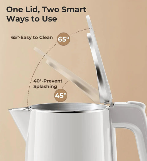 Fast Boil Electric Kettle With 1.0L Capacity 1200W 7 Temperature Settings, showing lid angles for easy cleaning and splash prevention.