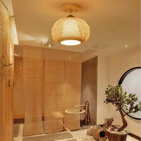 Bamboo Cage Ceiling Light in Wood Finish, Rural Style Pendant for Dining Room and Living Areas, Semi Flush Mount Fixture