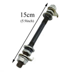 Hardened Steel Front Bike Hub Axle 150mm 3/8 Inch 26 Tpi Black With Cone Lock Nut Washer Kit showing 5.9in length.