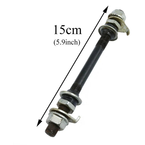 Hardened Steel Front Bike Hub Axle 150mm 3/8 Inch 26 Tpi Black With Cone Lock Nut Washer Kit showing 5.9in length.