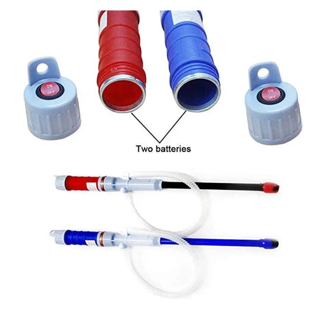 Portable Battery Fuel Transfer Pump For Vehicle Maintenance With Auto Shutoff And Leak Proof Design showcasing hoses and battery caps.