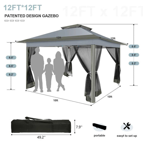 12x12 Ft Pop Up Gazebo With Netting, Easy One Person Setup No Tools Needed In Minutes, 3 Height Settings, in dark gray with carry bag