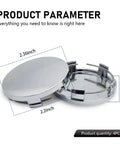 Four Piece Snap In Wheel Center Hub Caps With Slick Chrome Silver Finish And 60mm Outer Diameter showing measurements and snap-fit design.