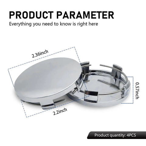 Four Piece Snap In Wheel Center Hub Caps With Slick Chrome Silver Finish And 60mm Outer Diameter showing measurements and snap-fit design.
