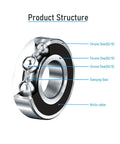 Deep groove ball bearing cross-section showing chrome steel races and black nitrile rubber seal.