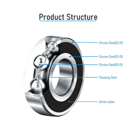 Cross-section view of a deep groove ball bearing, chrome steel with black rubber seal, 8x16x5mm