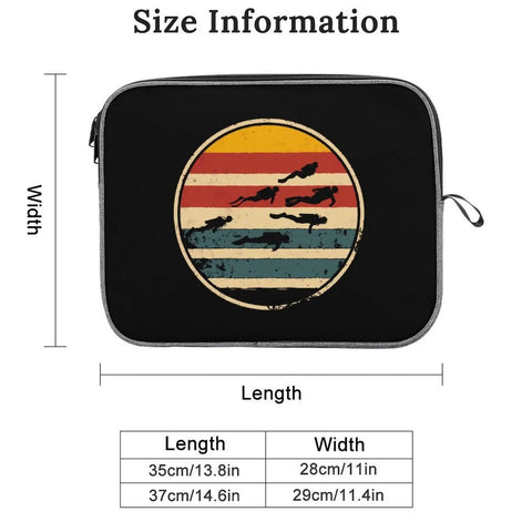 Size dimensions of scuba inspired 14 inch laptop sleeve and protective carry case for notebooks tablets gear with snowflake cloth.
