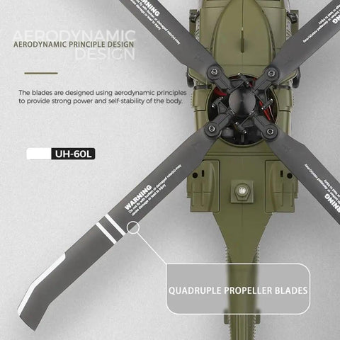 Top view of Dope Brushless RC Helicopter With 6 Axis Gyro And 4 Channel Control For Adults And Beginners WLtoys Style Military Army Drone showing quadruple propeller blades.