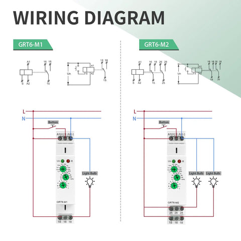 Wiring diagram for Go-To Programmable Time Relay Delay On Off 10A Industrial Timer with DIN rail mount, GRT6-M1 and GRT6-M2 models.