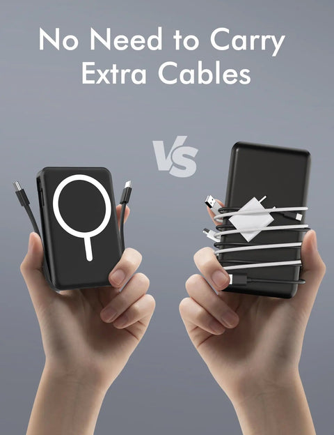 Side-by-side comparison of Super Sleek MagSafe Power Bank With 10000Mah magnetic charger and cable clutter.
