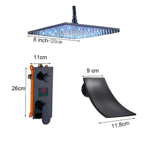 UMJIGF Shower System Black Shower Faucet Set with Led Digital Display, 8 inch waterfall shower head and mixer dimensions.