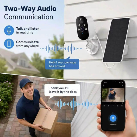 Two Pack 2K Wireless Solar Security Cameras With Straight Up Reliable Motion Tracking Day And Night Vision Plus A Durable Outer Shell Designed For Driveway Yard Boundaries And Property Monitoring Without Messing With Existing Wires with solar panel setup and delivery interaction.