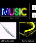 Music Neon Sign LED Wall Light Neon Letters For Bedroom Game Room Bar Club Party Decor, USB power cable, acrylic material