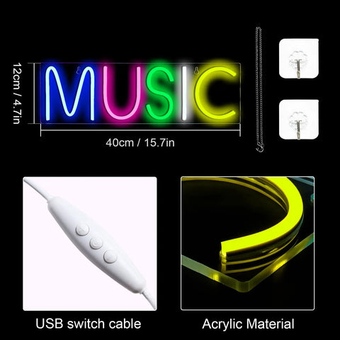 Music Neon Sign LED Wall Light Neon Letters For Bedroom Game Room Bar Club Party Decor, USB power cable, acrylic material