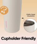 Close-up of FreeSip 2-In-1 Spout Water Bottle with Built-In Straw, featuring triple-layer insulation, BPA free, cupholder friendly.