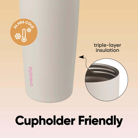 Close-up of FreeSip 2-In-1 Spout Water Bottle with Built-In Straw, featuring triple-layer insulation, BPA free, cupholder friendly.