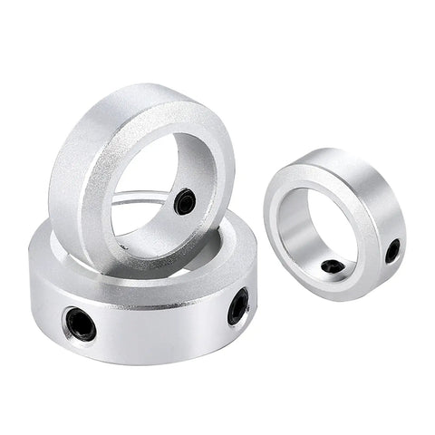 4 Pack Aluminum Alloy Shaft Collars With 6mm Bore, Screw Style, 12mm Outer Diameter, arranged in a stack