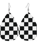 Black And White Checkerboard Teardrop Leather Earrings For Women, Faux PVC Silver Plated Hooks, chic drop stud design with check pattern.