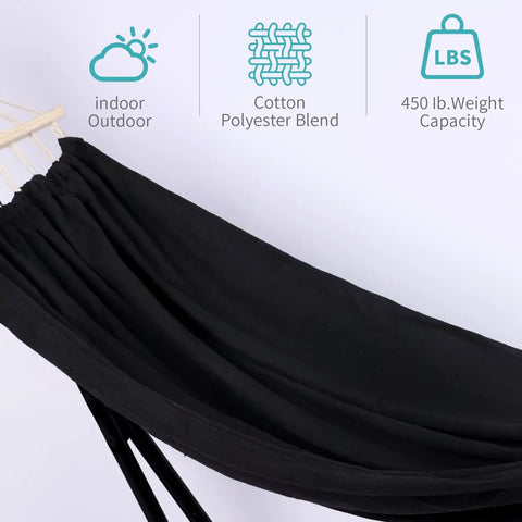 2 In 1 Hammock With Stand Portable Hammock And Swing Chair No Tools Assembly Black fabric detail with capacity icons