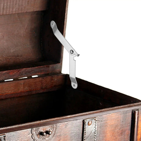 Heavy Duty Folding Lid Support Hinges 2 Piece Set, 180 Degree Easy Swing Iron Stays With Slick Gold Tone Finish installed on a wooden chest,