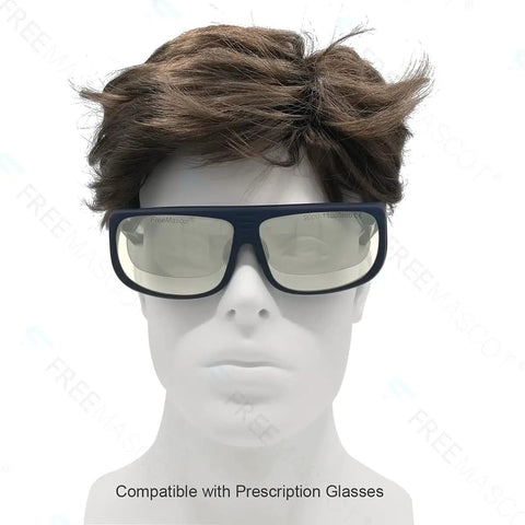 Mannequin wearing OD 6+ CO2 Laser Safety Glasses 9000nm-11000nm For 10600nm Laser, 95 Percent Visible Light, EN207 Approved Black Frame
