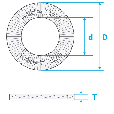 Rock Solid Zinc Flake Coated Wedge Lock Washers 20 Count Preloaded Double Split Locking Washers M8 5/16 Inch Carbon Steel High Tensile Anti Vibration Bolt Fasteners technical drawing with measurements.