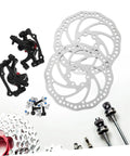Heavy Duty Disc Brake Rotor Kit For Mountain Bike With Front Rear Pads Set 160mm Mechanical Caliper Forged Aluminum Build showing rotors, caliper, screws.