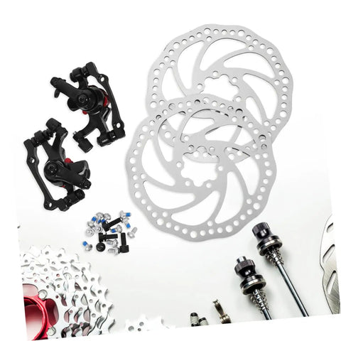 Heavy Duty Disc Brake Rotor Kit For Mountain Bike With Front Rear Pads Set 160mm Mechanical Caliper Forged Aluminum Build showing rotors, caliper, screws.