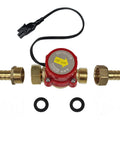 Water Flow Sensor Switch HT-30 for CO2 Laser Protection, AC 0-110V, G 3/4 Inch Thread, with nozzles and gaskets displayed.
