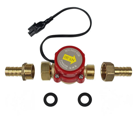 Water Flow Sensor Switch HT-30 for CO2 Laser Protection, AC 0-110V, G 3/4 Inch Thread, with nozzles and gaskets displayed.