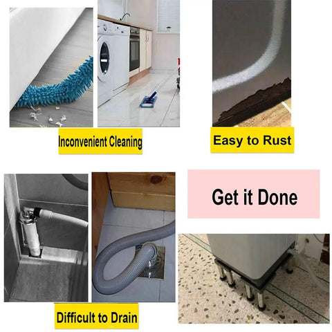 Adjustable Stainless Steel Appliance Base Stand for washing machines showing stable support with four legs for space-saving.
