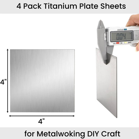 Four Pack Titanium Plate Sheets For DIY Projects, Folks, 4 Inch By 4 Inch, 0.04 Inch Thick, 1mm TA1 Titanium Alloy Sheets shown with ruler
