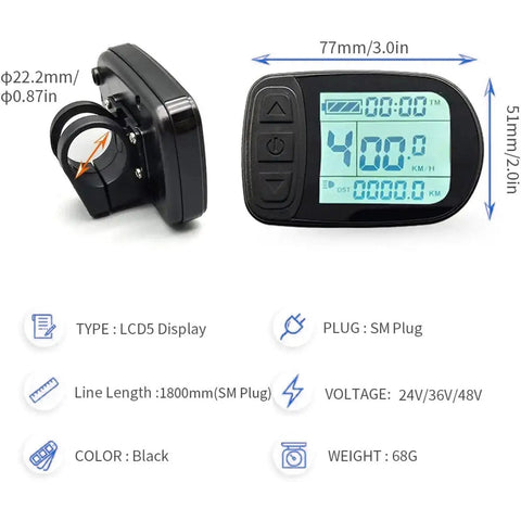 LCD5 Display Meter Intelligent Control Panel For Electric Bikes 24V 36V 48V 52V SM Plug with dimensions and specs