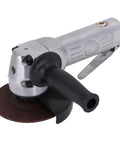 Kickass Pneumatic Angle Grinder With Hella Smooth Variable Speed Trigger And Trade Ready Build For Lightning Fast Grinding And Precision Cutting On Job Sites Or Garage Workbench Setups Daily, featuring a silver body and black handle.