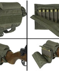 Rifle Buttstock Cheek Rest With 7 Shell Ammo Pouch Tactical Hunting Accessory on wood stock, olive green fabric, adjustable straps