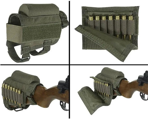 Rifle Buttstock Cheek Rest With 7 Shell Ammo Pouch Tactical Hunting Accessory on wood stock, olive green fabric, adjustable straps