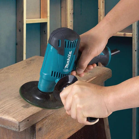 Person using powerful 5 inch disc sander with 4.2 amp motor delivers 4500 RPM for wood and metal polishing, lock on button, renewed.