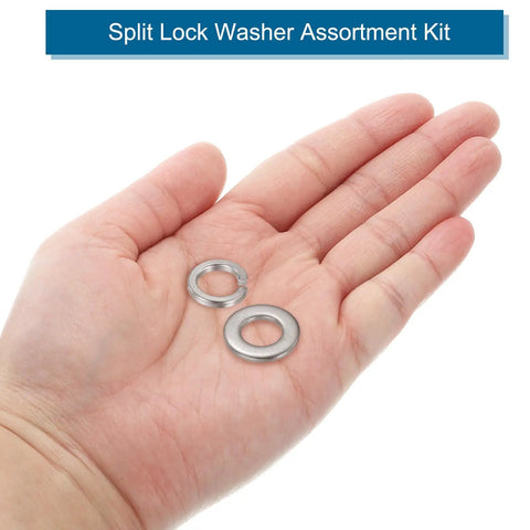 M10 Stainless Steel Split Lock Washer And Flat Washer Kit 100 Pcs 304 Grade Rust Resistant 50 Split Lock Washers And 50 Flat Washers For Auto Machinery And DIY Projects, shown in hand