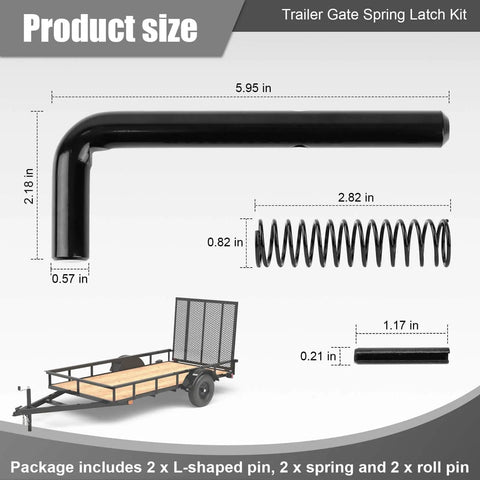 Premium Heavy Duty Trailer Gate Spring Latch Repair Kit Two Pack with L-shaped pin and spring size details.