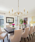 6 Light Gold Finish Chandelier, Vintage Candle Style Farmhouse Ceiling Light For Dining Room over dining table
