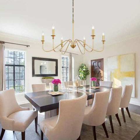 6 Light Gold Finish Chandelier, Vintage Candle Style Farmhouse Ceiling Light For Dining Room over dining table