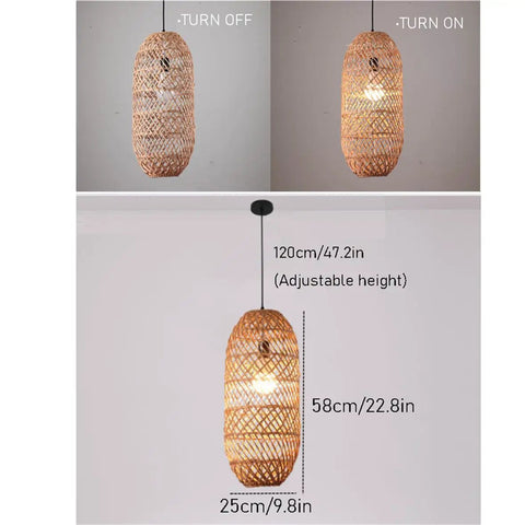 LQZCXMF Living Room Rattan Pendant Light 22.8" H Large Wicker Lamp Shade with adjustable height and woven bamboo design.