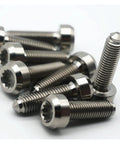 Premium 6Al4V Grade 5 Titanium Wheel Lug Bolts M7x32mm lightweight fasteners arranged, showcasing seamless fit for forged rims.