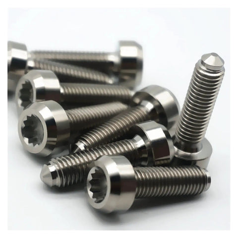 Premium 6Al4V Grade 5 Titanium Wheel Lug Bolts M7x32mm lightweight fasteners arranged, showcasing seamless fit for forged rims.